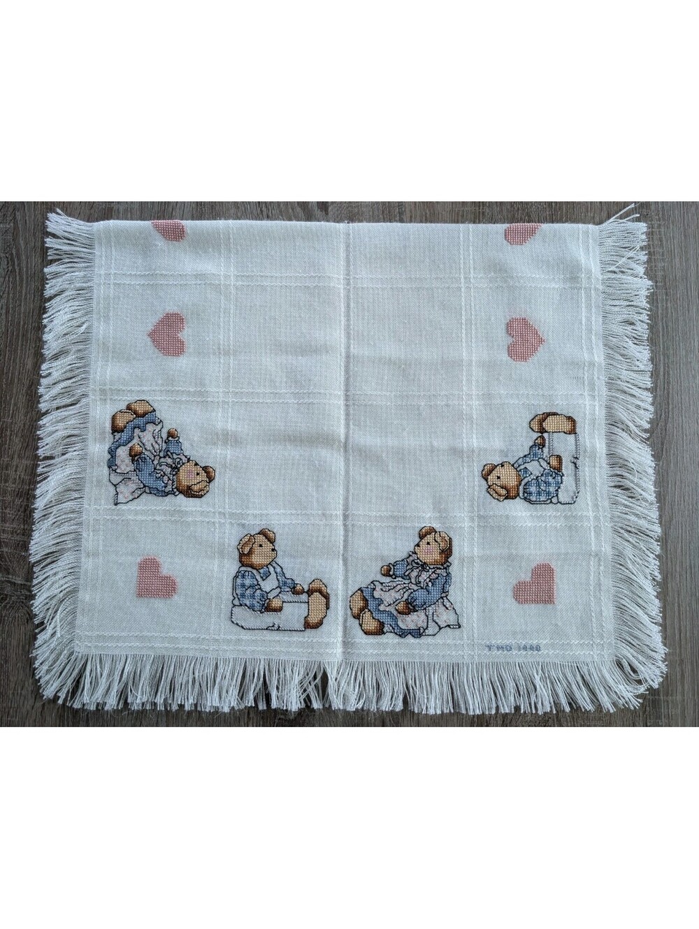 Vintage 90s Banar Baby Afghan Cross Stich Bears Hearts Throw Completed
